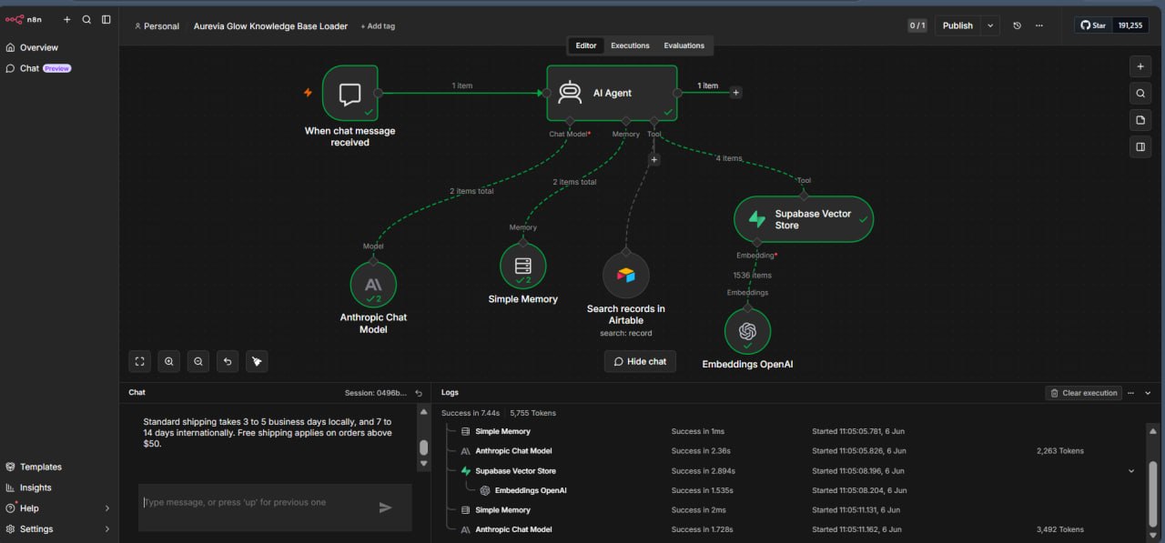 AI support agent live &mdash; connected to memory, vector search, and Airtable