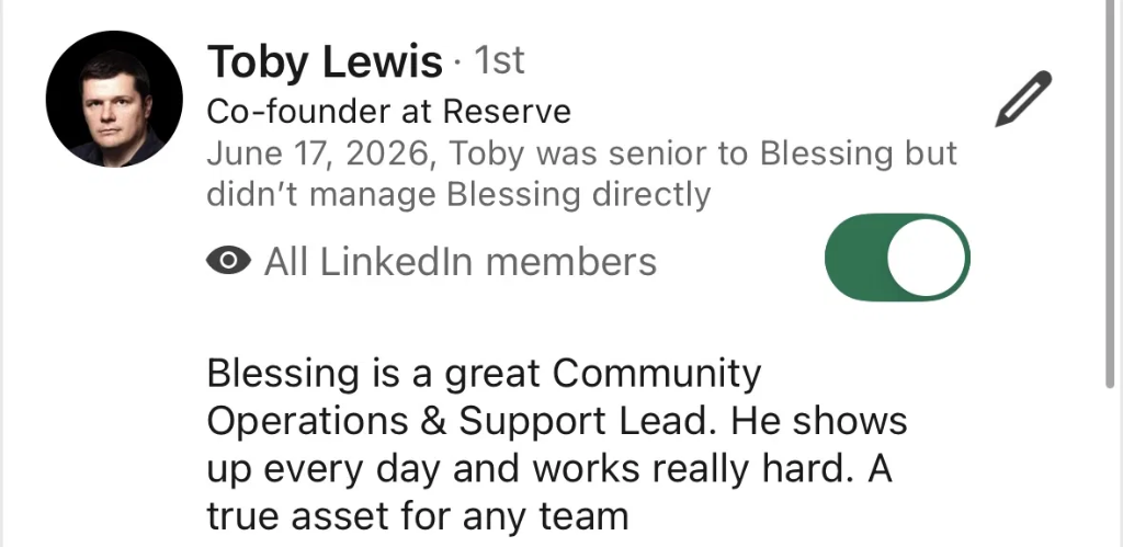 Toby Lewis, Co-founder Reserve — recommendation