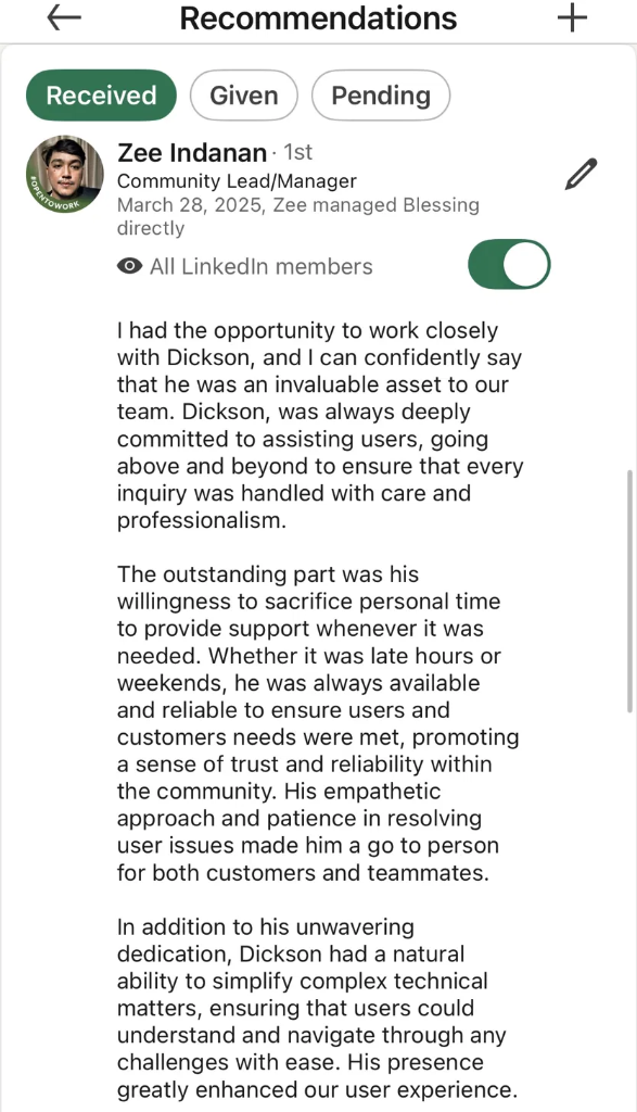 Zee Indanan, Community Lead — recommendation